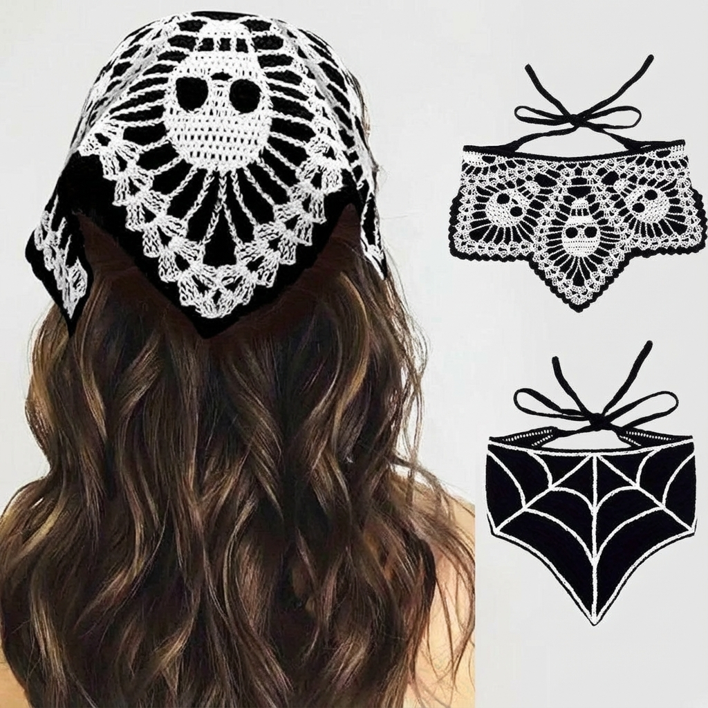 2pcs Gothic Black Skull & Spider Web Crochet Hair Accessories - Black Lace Headbands with Ribbon Bow, Perfect for Halloween & Gothic Fashion, Halloween Hair Decor | Skull Design | Texture