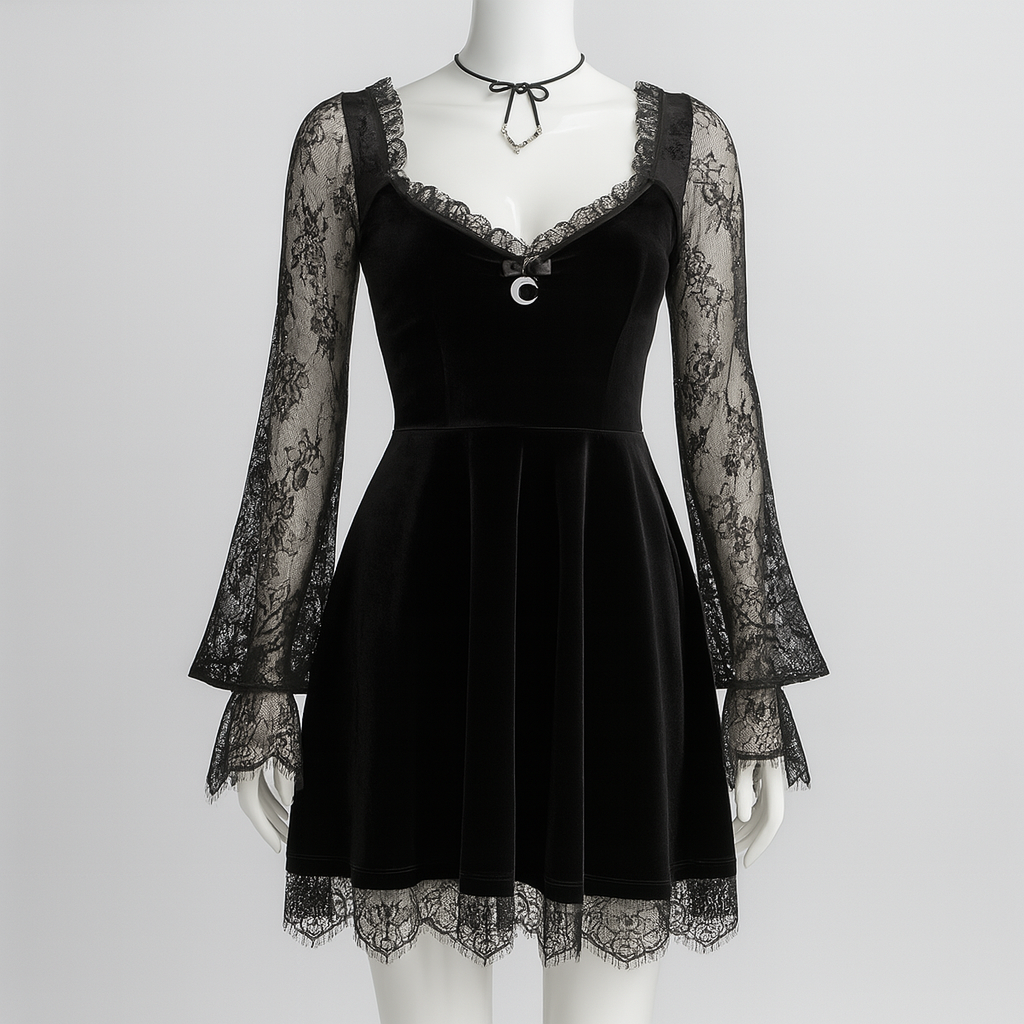 Gothic Ruffled Lace Mini Dress in Black Red and Burgundy