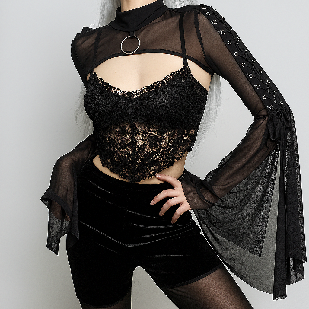 Sheer Gothic Mesh Top with Flared Sleeves