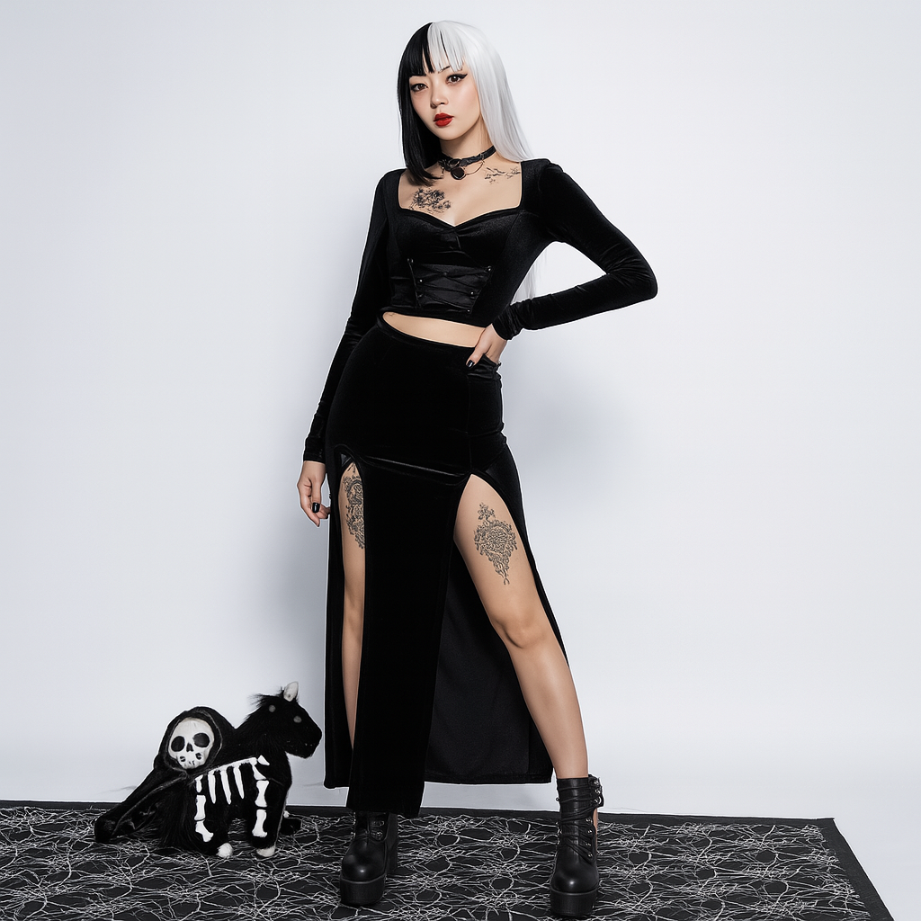 Witchy High Waist Slit Skirt in Black Velvet