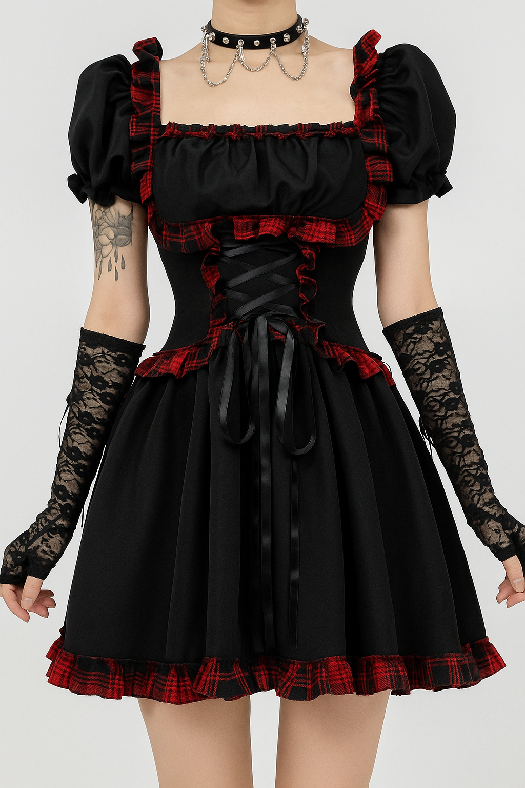 Gothic Punk Rock Dress with Plaid Detailing and Puff Sleeves