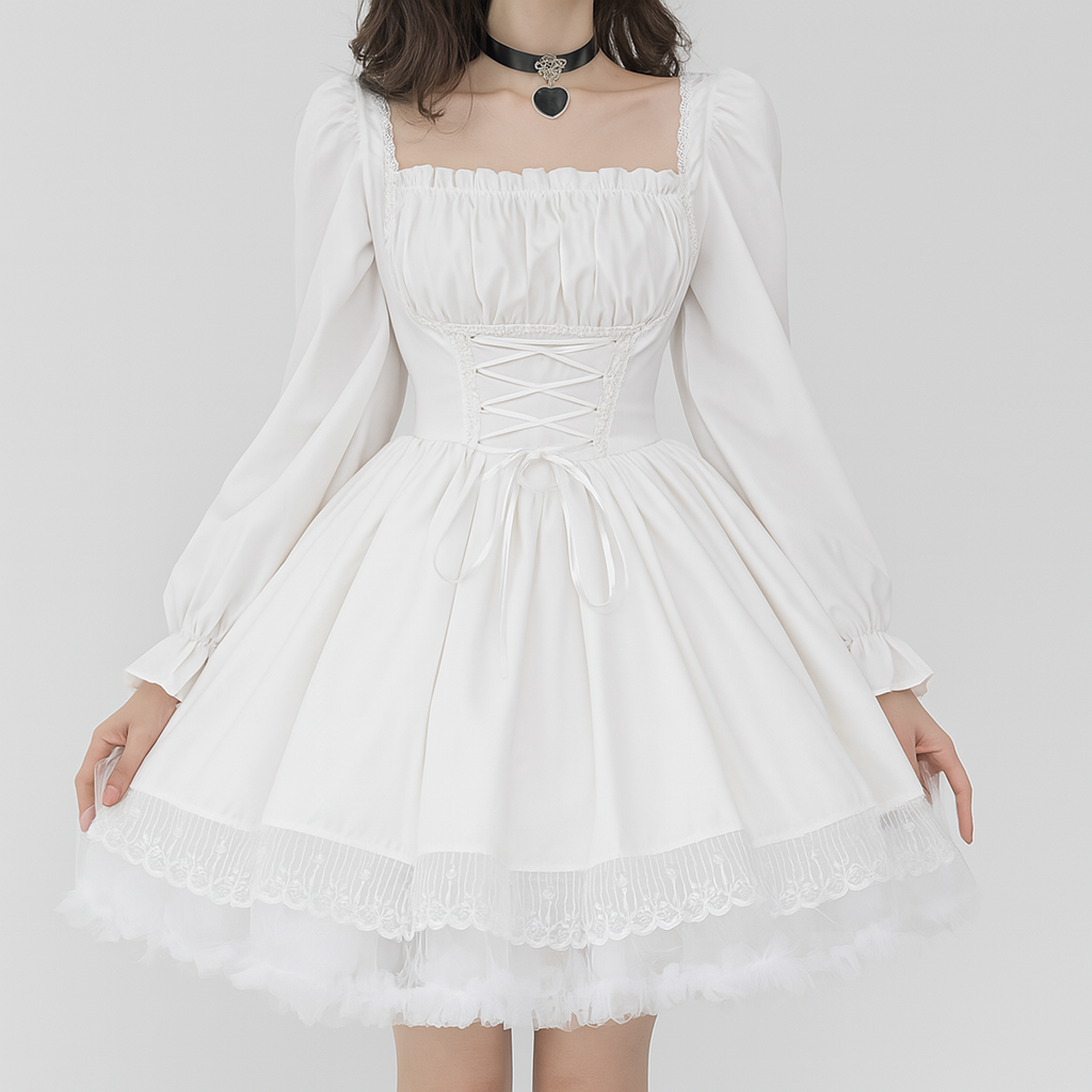 Puff Sleeve Gothic Princess Dress with Lace Trim