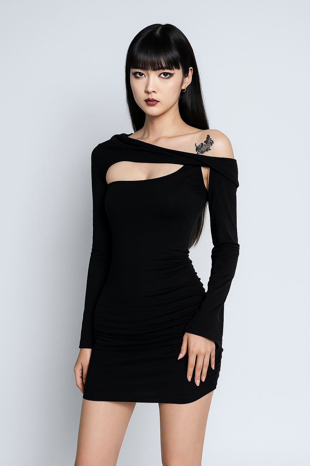 Gothic Cat-Ear Mini Dress Set with Slanted Neckline