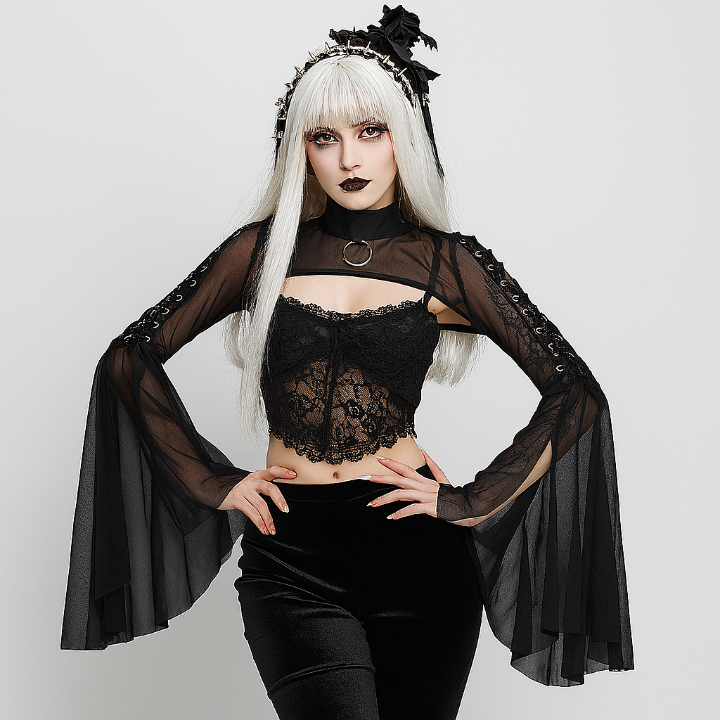 Sheer Gothic Mesh Top with Flared Sleeves