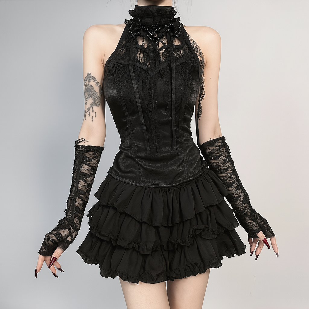 Gothic Rose Ruffle Crop Top with Spiderweb Bow