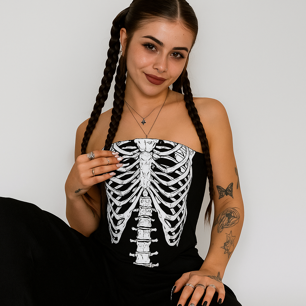 Skeleton Spell Strapless Bustier Top in Gothic Bone Print