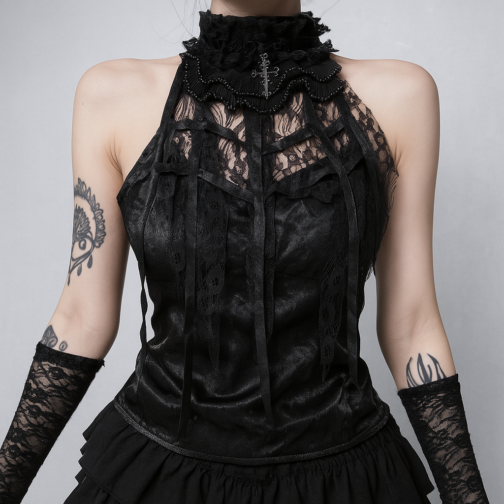 Gothic Rose Ruffle Crop Top with Spiderweb Bow