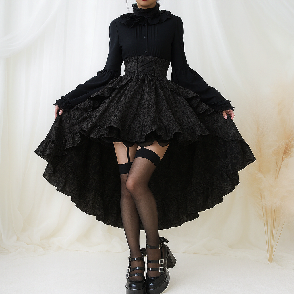 Gothic High-Waisted Lace-Up Midi Skirt in Red and Black