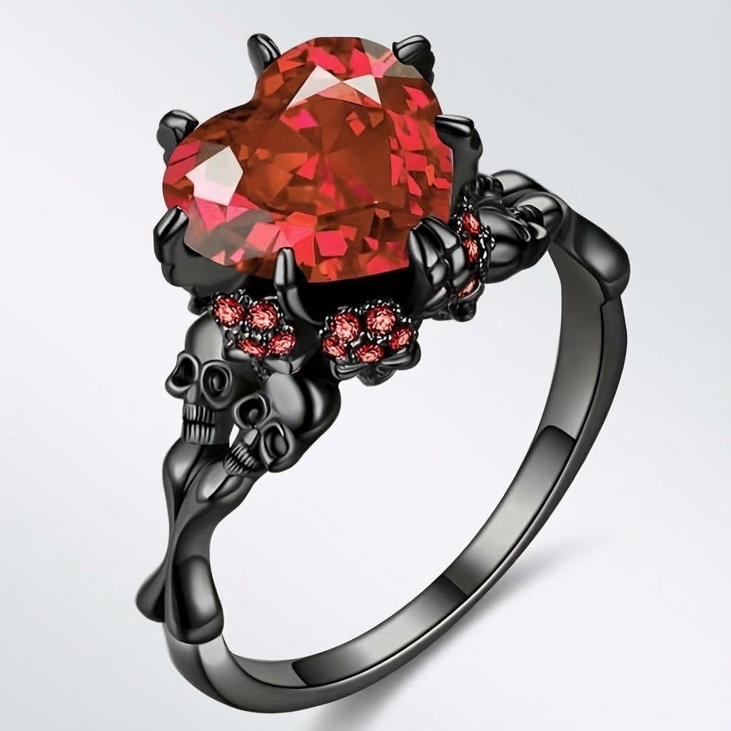 Gothic Black Double Skull Ring with Red Heart-Shaped Crystal – Vintage Women’s Jewelry for Parties, Weddings, and Casual Attire, Skull Jewelry
