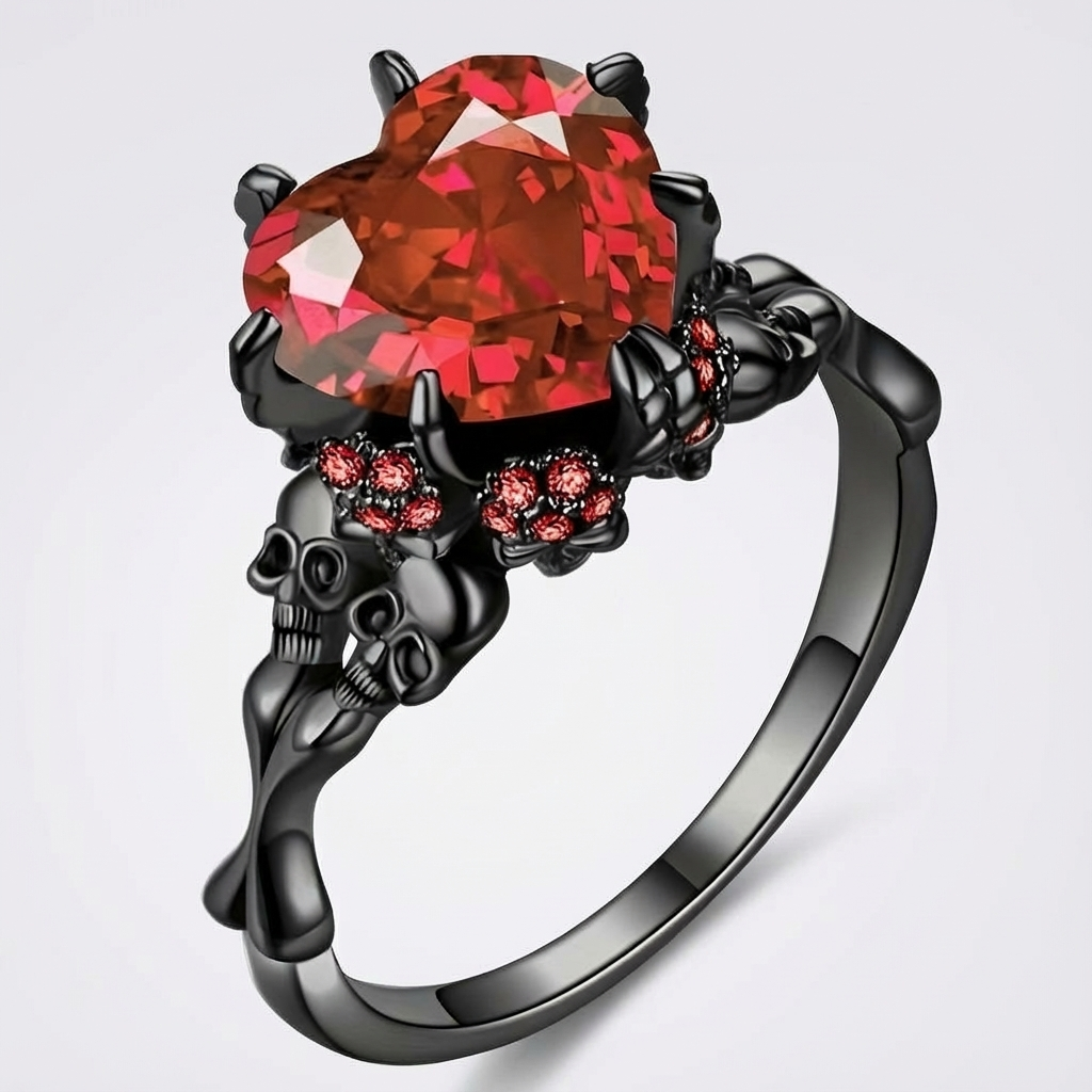 Gothic Black Double Skull Ring with Red Heart-Shaped Crystal – Vintage Women’s Jewelry for Parties, Weddings, and Casual Attire, Skull Jewelry