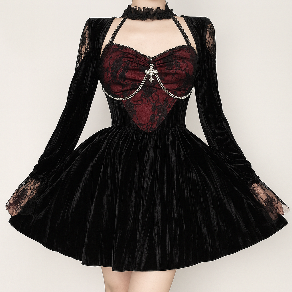 Sexy Lace Trim Velvet Skater Dress in Red Floral Gothic Style
