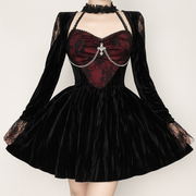 Sexy Lace Trim Velvet Skater Dress in Red Floral Gothic Style
