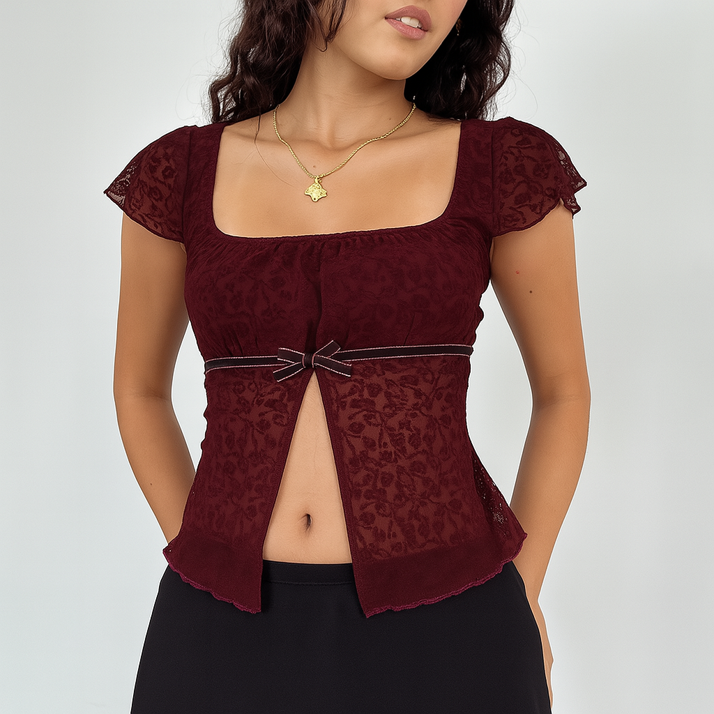 Gothic Red Crop Top with Square Neck and Side Slit