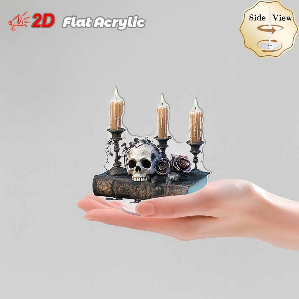 2D Flat, 1pc Gothic Skull & Roses Rotating Acrylic Desktop Decor with Candles - 2D Flat Spooky Halloween Decoration for Home Office, Creative Spaces, Relaxation Areas - No Electricity Needed, Halloween Home Decor, Mystical Ambiance, Elegant Design, 2D Fla