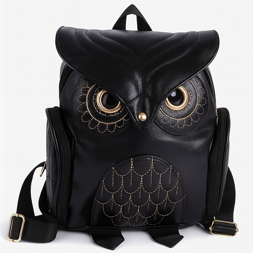 Black Owl-Shaped PU Backpack with Golden Embroidery, Adjustable Straps & Zipper Closure – Stylish Halloween Accessory for Women & Men, Perfect for Travel or Everyday Use, Casual Daypack | Stylish Embroidery | Polyester Lining