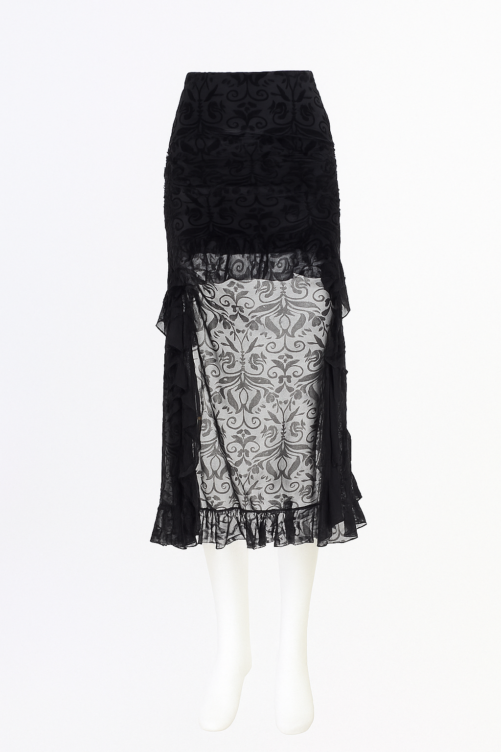 Dreadlace Sheer Jacquard Midi Skirt for Gothic Elegance