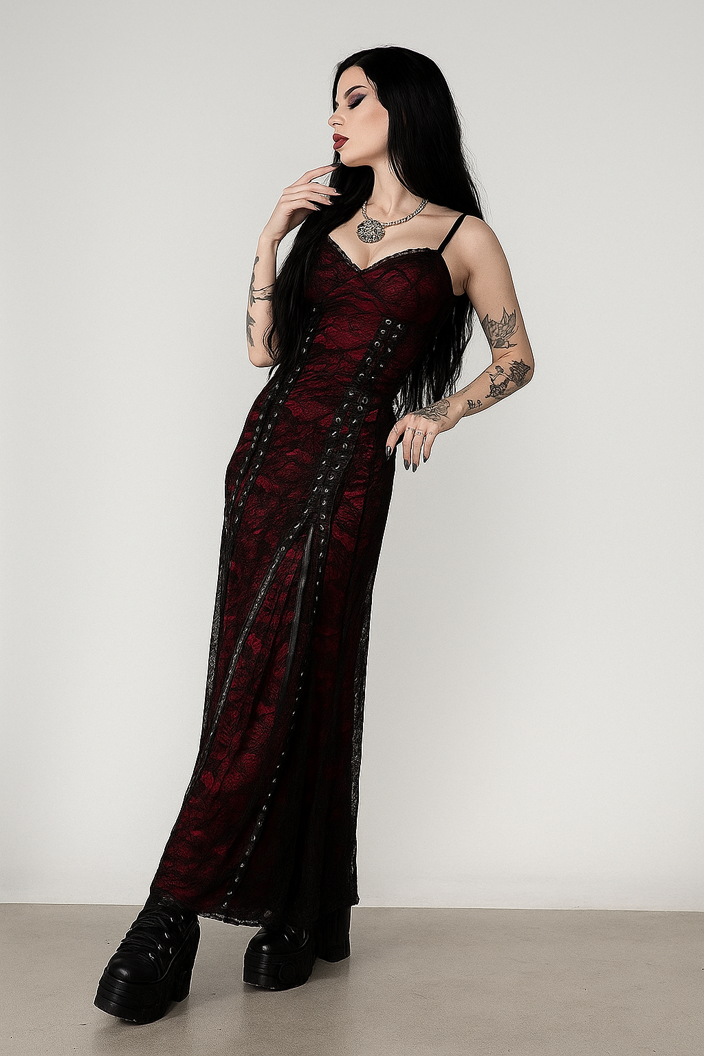 Shadowlace Reverie Gothic Maxi Dress with Double-Layer Lace - Red-Black / M Shadowlace Reverie Gothic Maxi Dress with Double-Layer Lace - Red-Black / M
