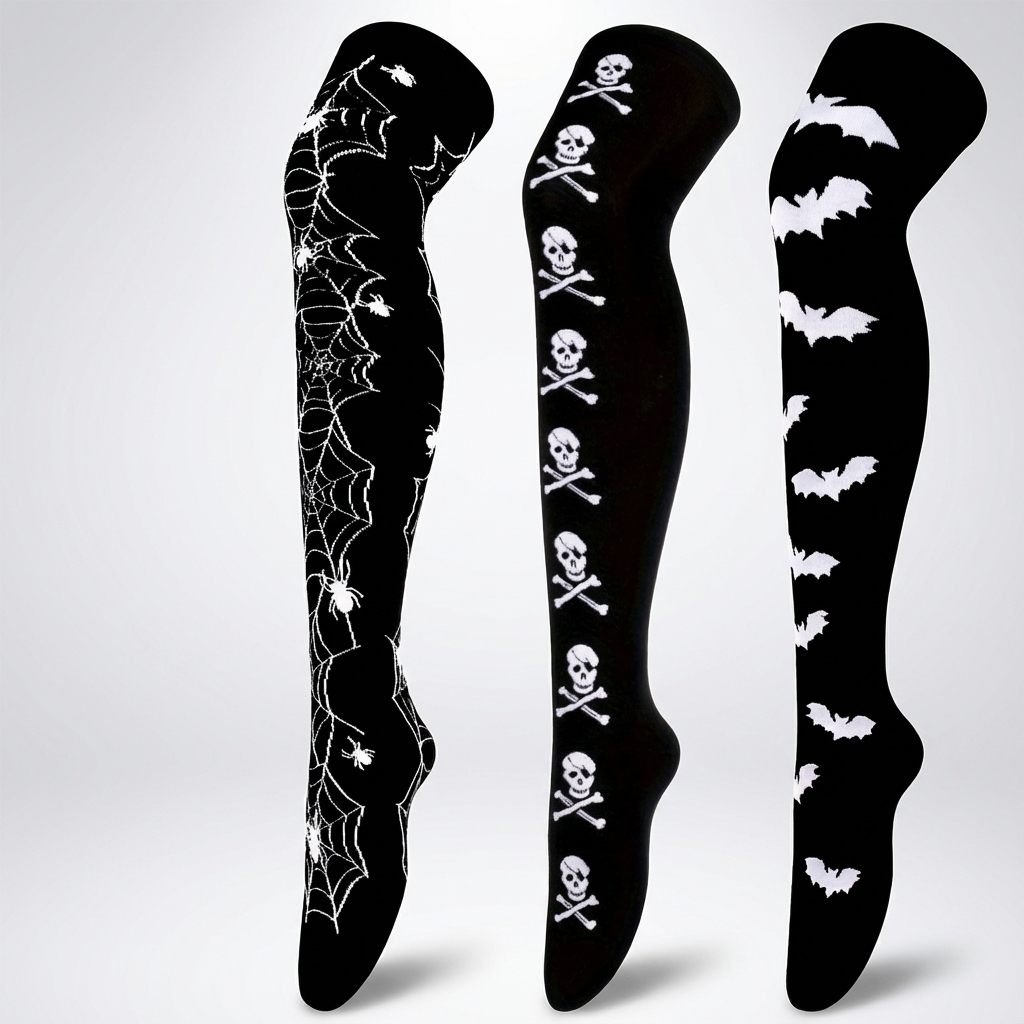 3 pairs of Halloween-themed skull and bat full-body print funny Women's over-the-knee socks, soft, comfortable, tight and high-stretch socks, suitable for parties and daily wear