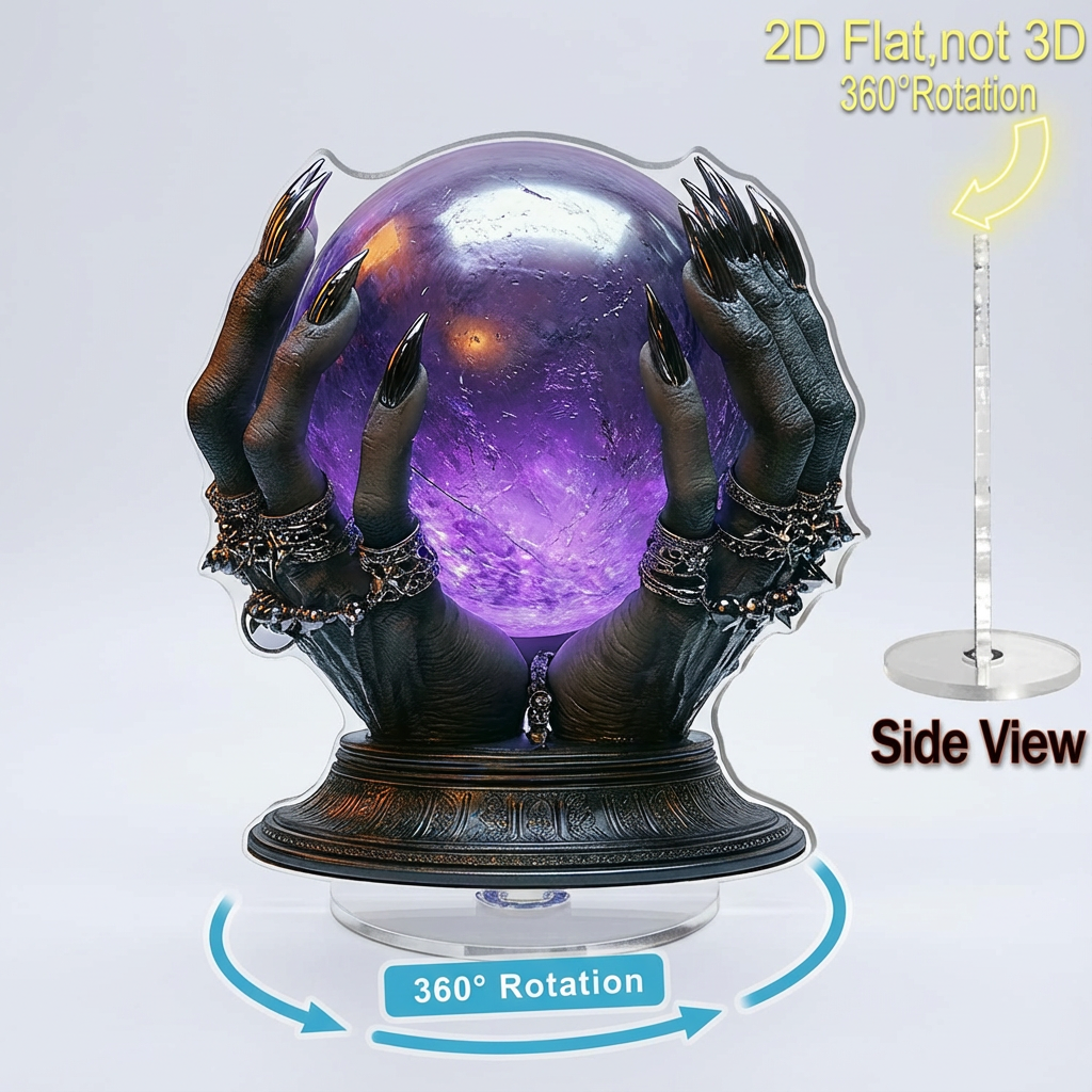 2D Flat, 1pc 2D Flat Rotating Acrylic Desktop Ornament - Witch Hands with Mystical Purple Crystal Ball, 360° Spin Gothic Decor for Halloween & Office, No Electricity Needed, Spooky Room Accent, Intricate Design, Detailed Craftsmanship, Decorative Piece, 2