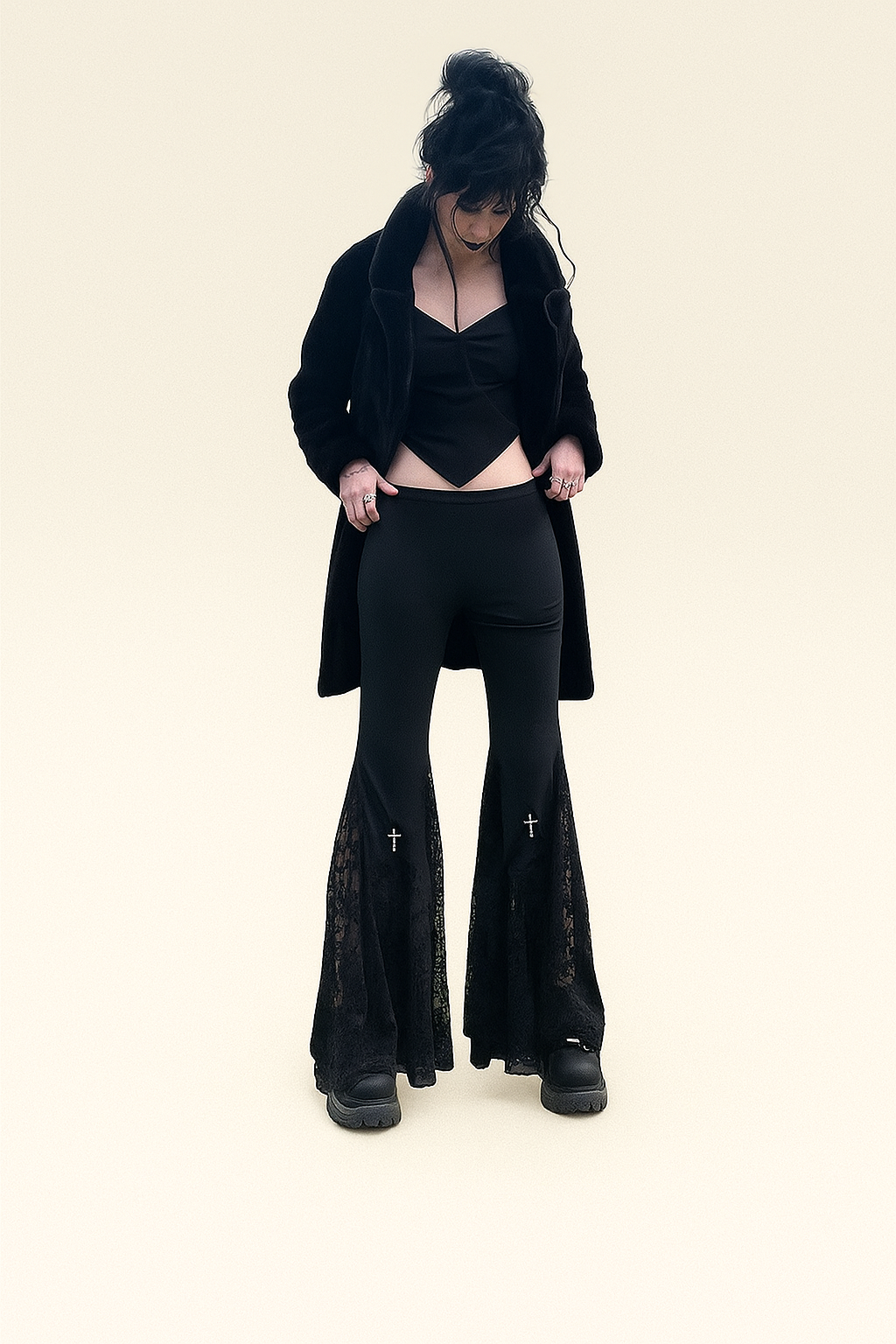 Gothic High Waist Lace Flare Pants with Cut-Outs for Alternative Fashion
