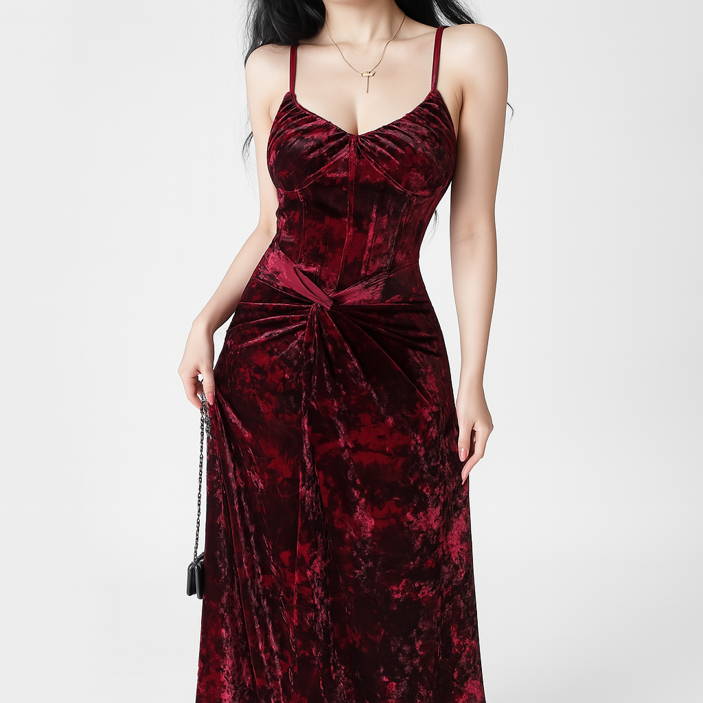 Gothic Velvet Maxi Dress with Elegant V-Neckline