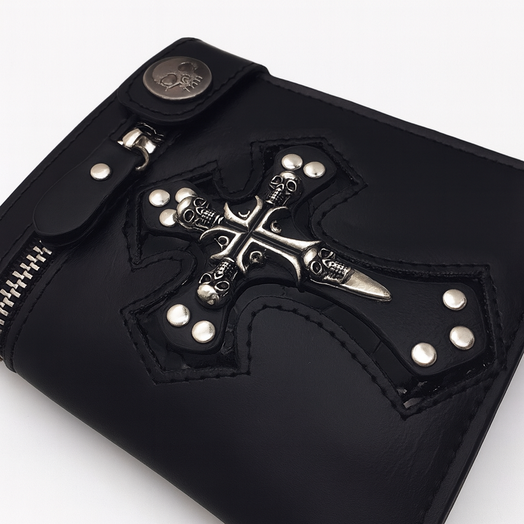 1pc Men's Gothic Retro Short Wallet, Punk Style Skull Portable Faux Leather Wallet, Biker Purse With Chain