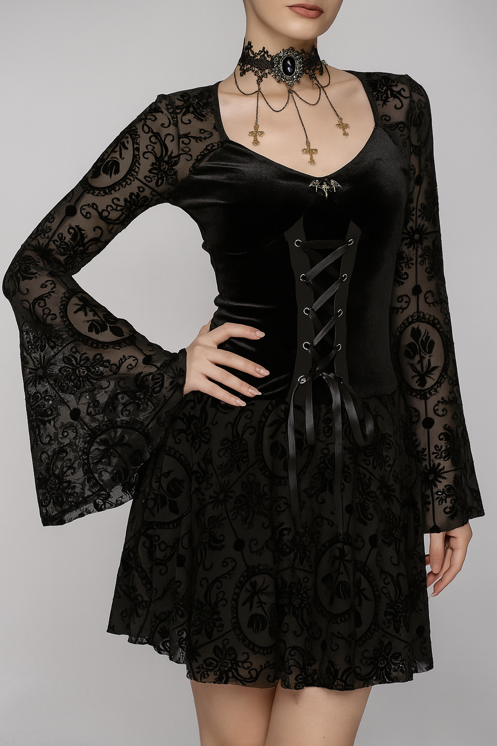 Elegant Gothic Velvet Floral Dress with Lace-Up Detail