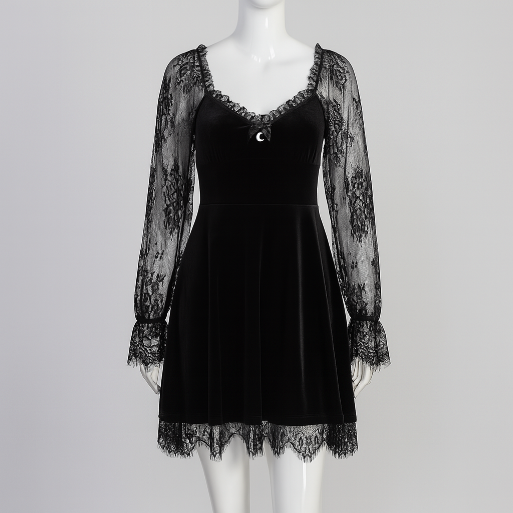 Gothic Ruffled Lace Mini Dress in Black Red and Burgundy