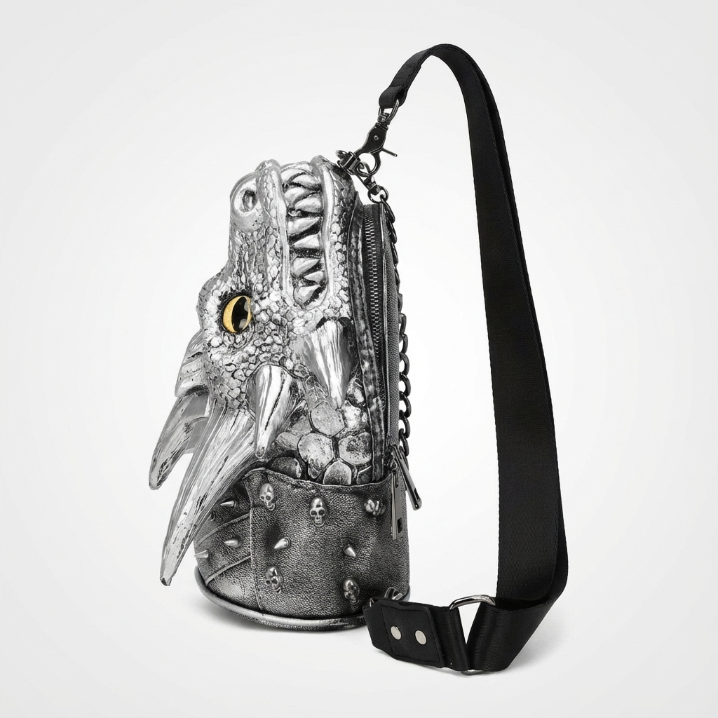 Unisex Gothic Dragon Head Crossbody Bag - Adjustable Strap, Black Silicone Shoulder Bag with Metallic Dragon Design, Perfect for Halloween & Christmas Parties, Street Style Fashion Accessory, Halloween Accessories