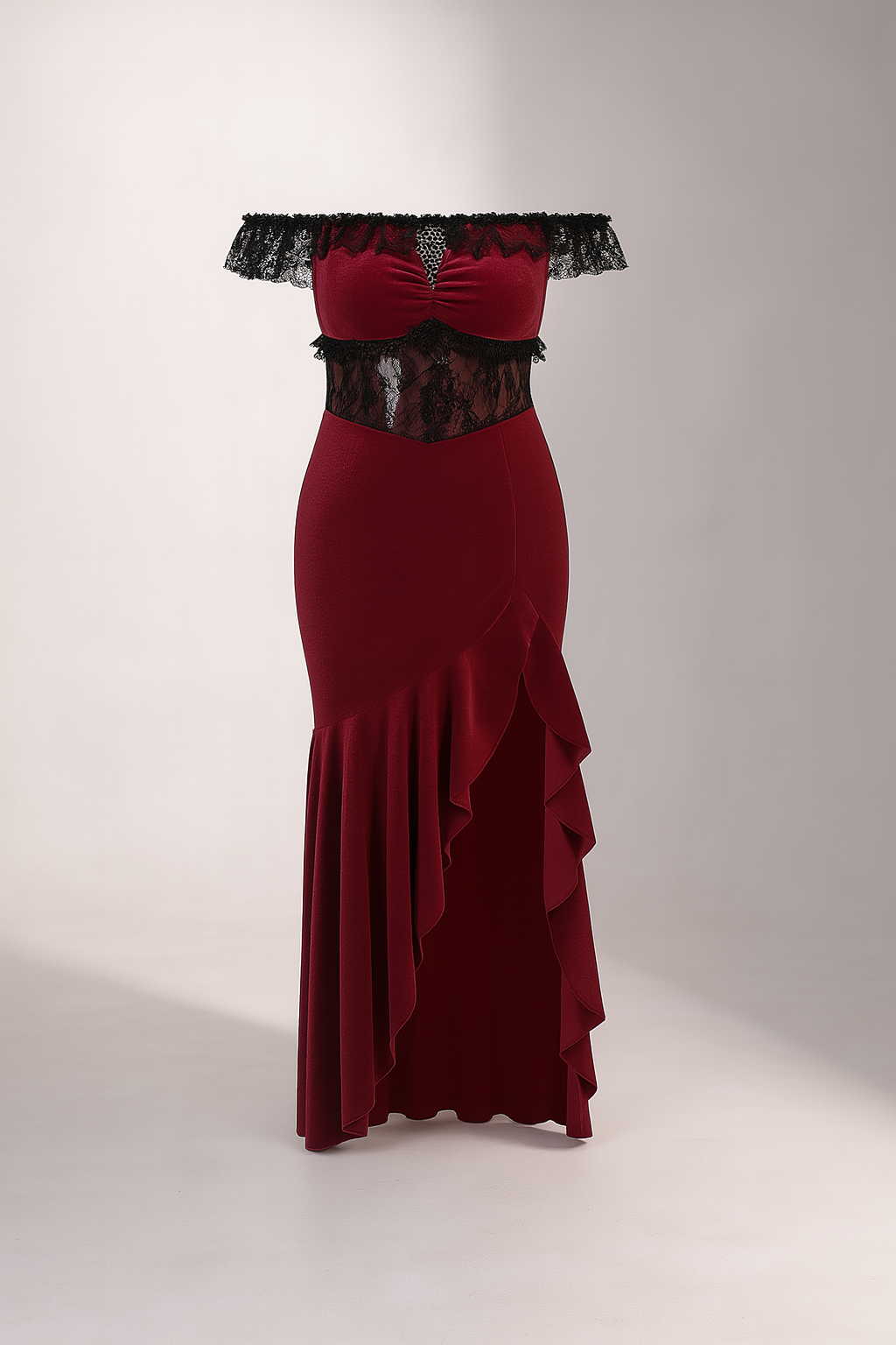 Gothic Velvet Off-Shoulder Dress with Lace Accents