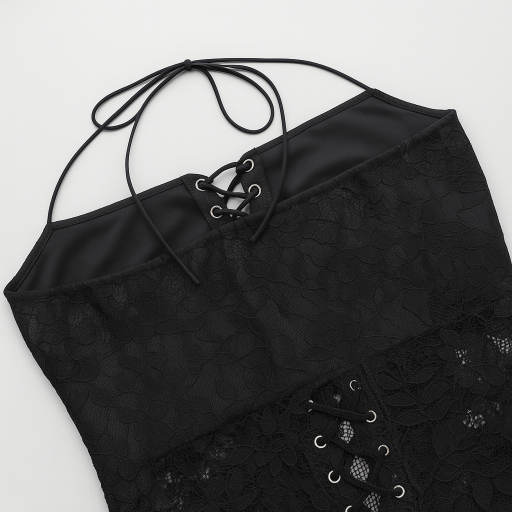 Gothic Sheer Lace Jumpsuit with Lace-Up Details