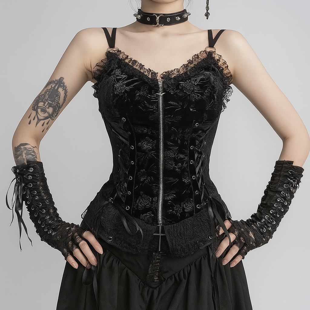Summer  Gothic Lace Top with Zip and Strappy Design