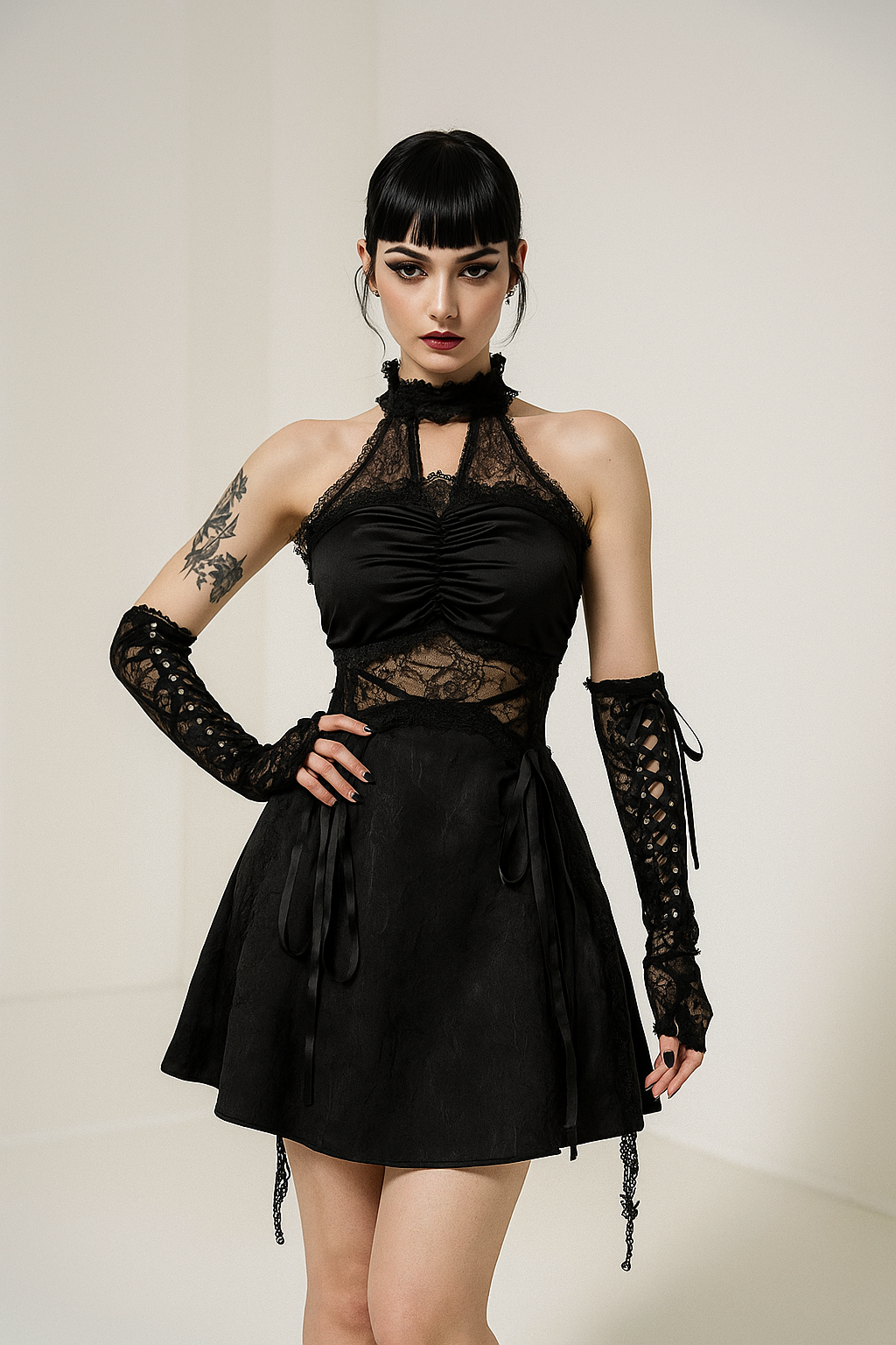 Gothic Lace Halter Mini Dress – Dark Romantic Elegance