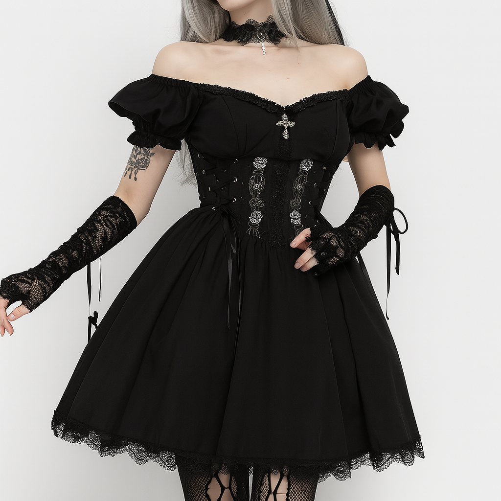 Gothic Black A-Line Mini Dress with V-Neck and Sleeveless Design