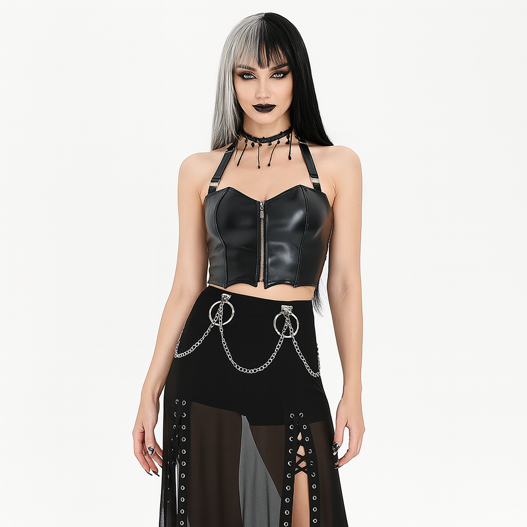 Gothic Bat Wing Crop Top in PU Leather