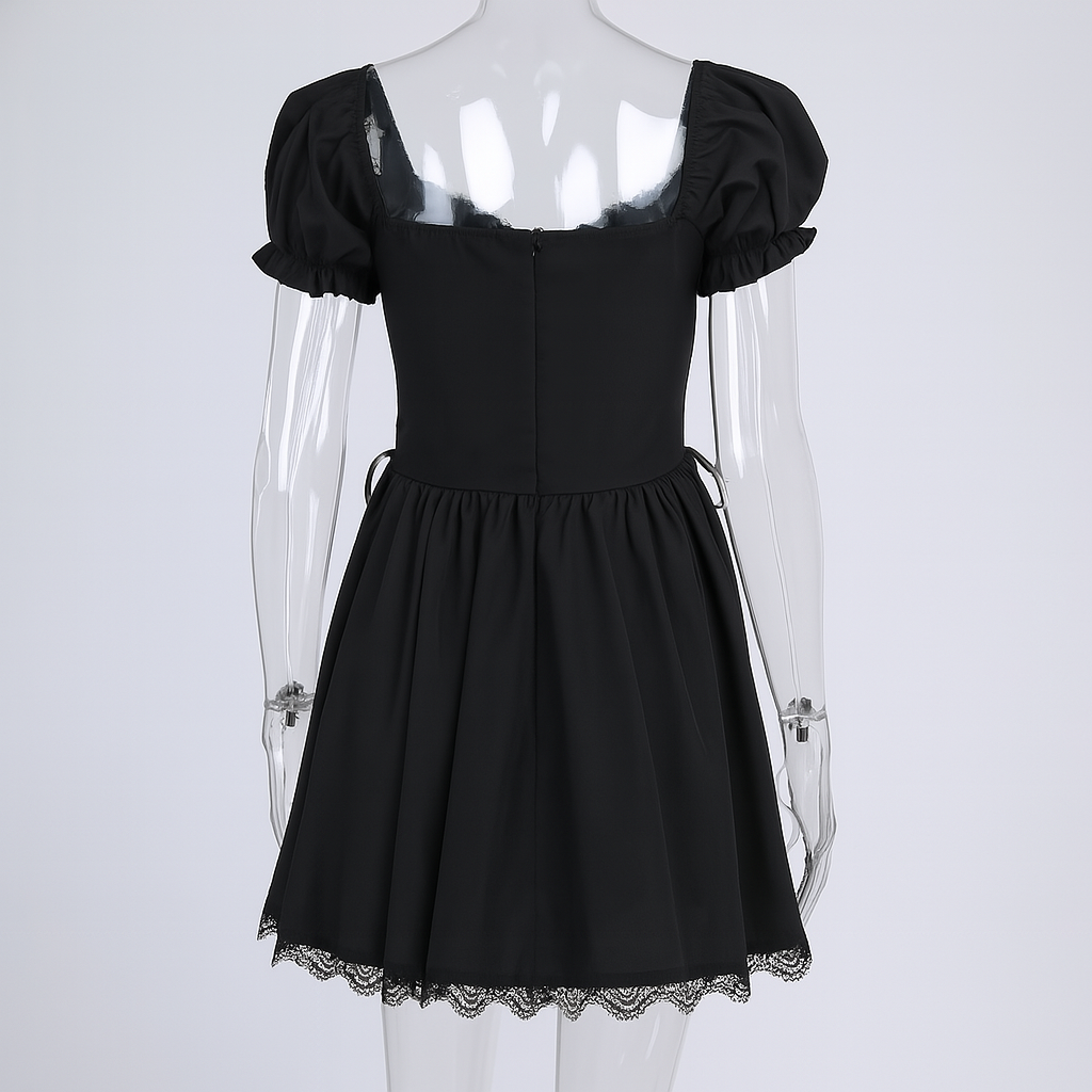 Gothic Black A-Line Mini Dress with V-Neck and Sleeveless Design