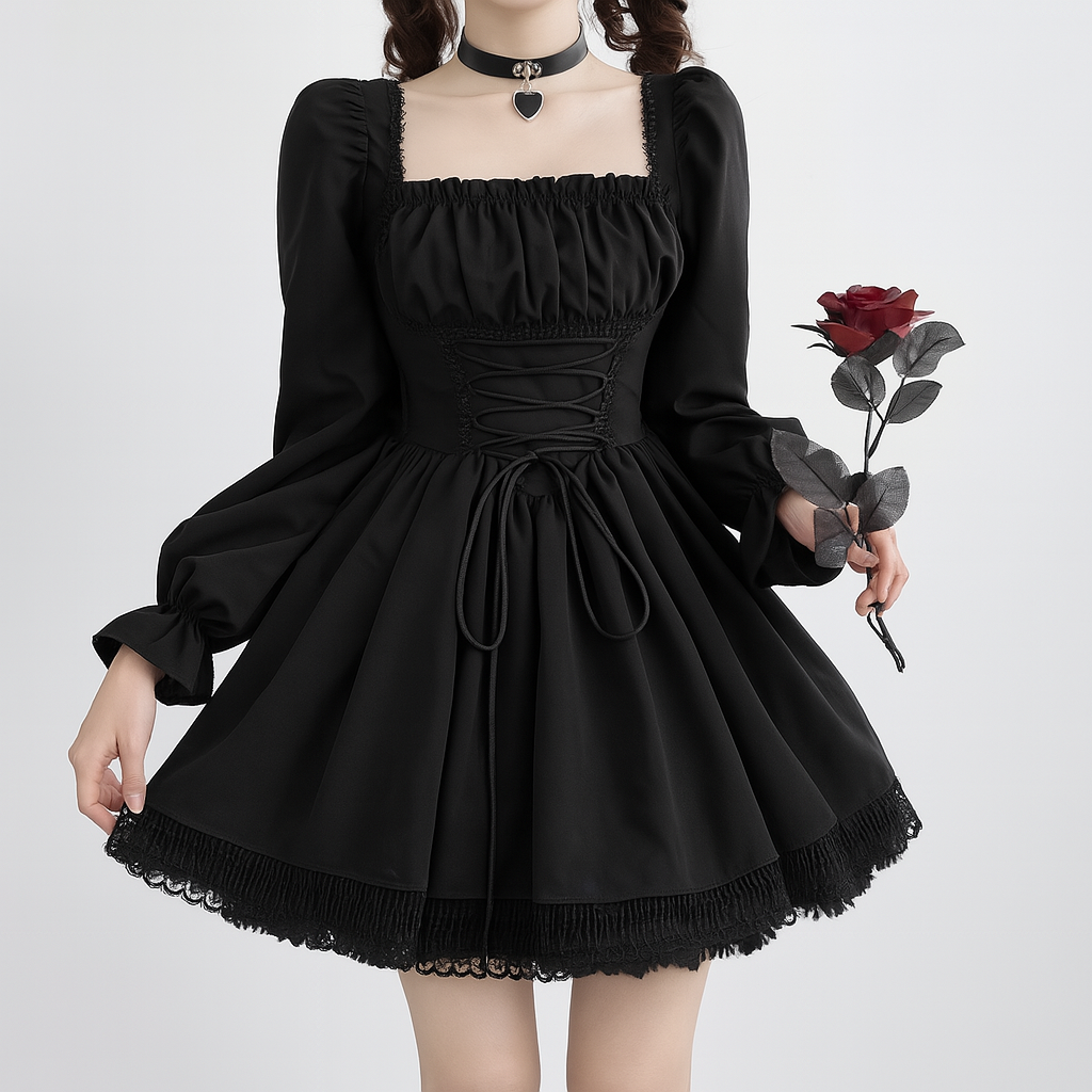 Puff Sleeve Gothic Princess Dress with Lace Trim