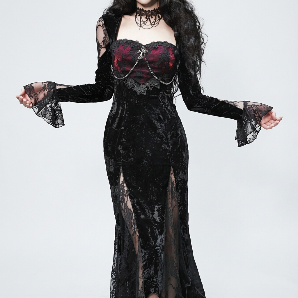 Gothic Lace Velvet Dress with High Slit and Bell Sleeves