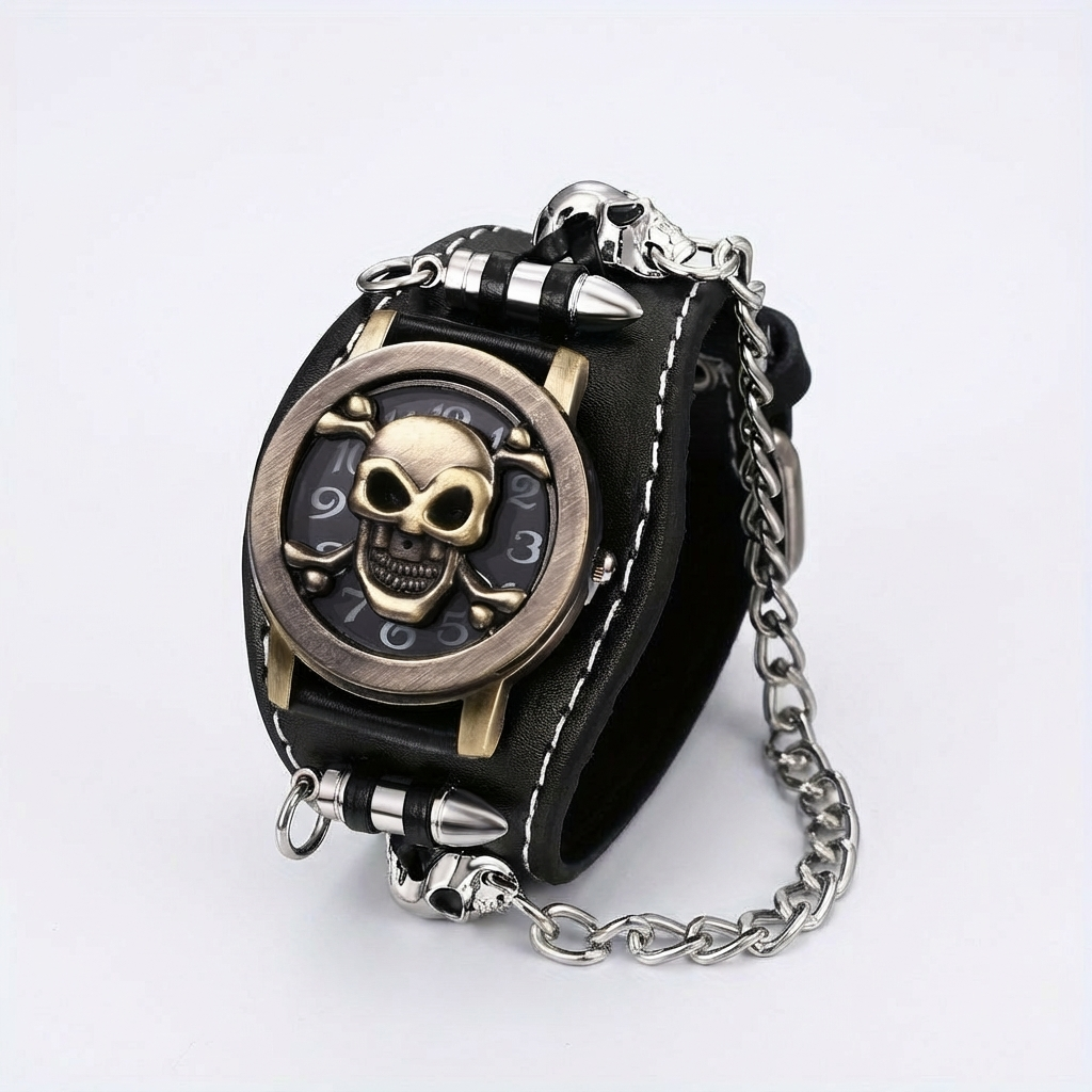 Men's Gothic Punk Skull Watch with Chain - Large Black Wide Cuff Analog Quartz Wristwatch, Golden-Tone Hands & Roman Numerals, Battery-Powered, Durable Metal Construction for Halloween, Valentine's Day & Casual Attire - Edgy Statement Accessory for Men