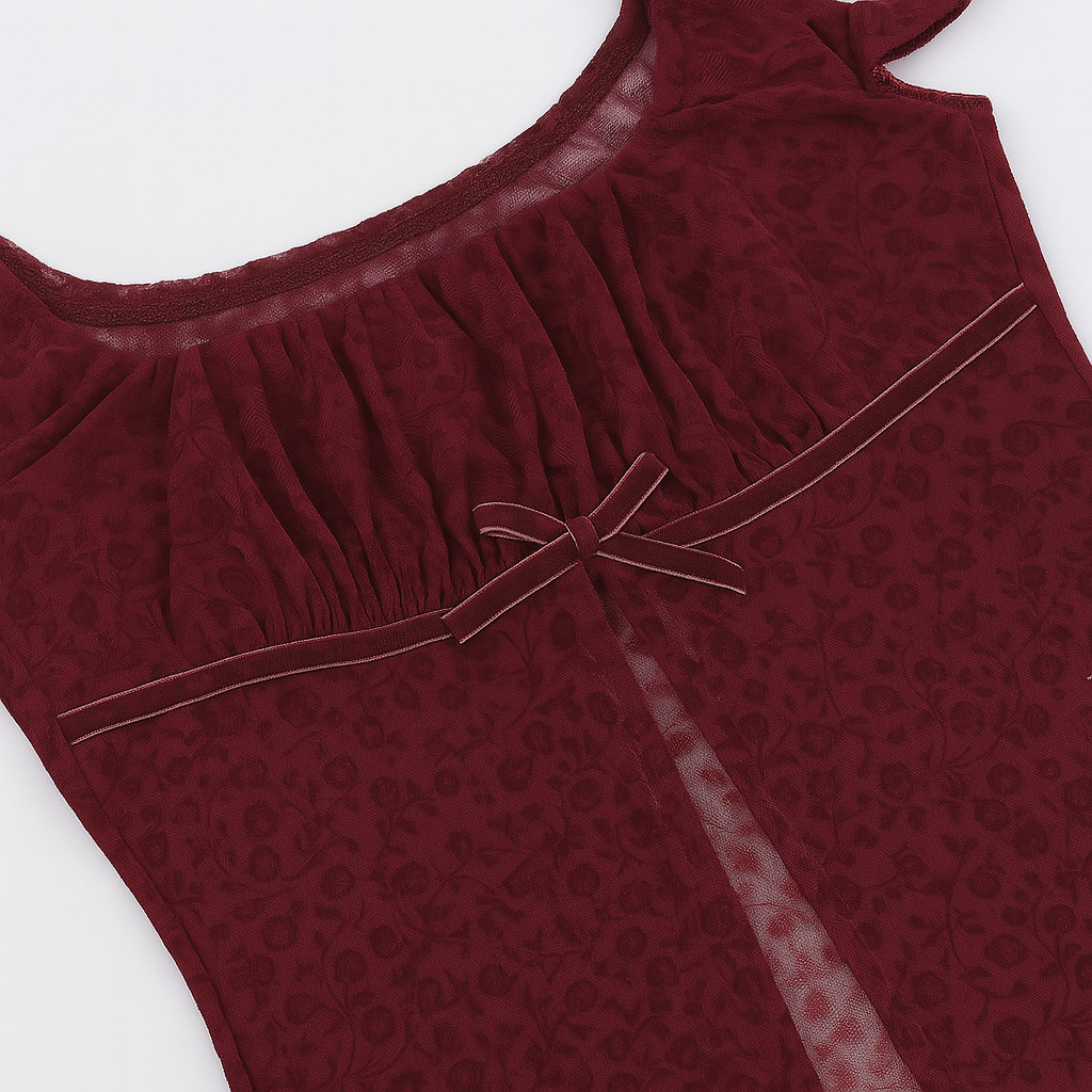 Gothic Red Crop Top with Square Neck and Side Slit
