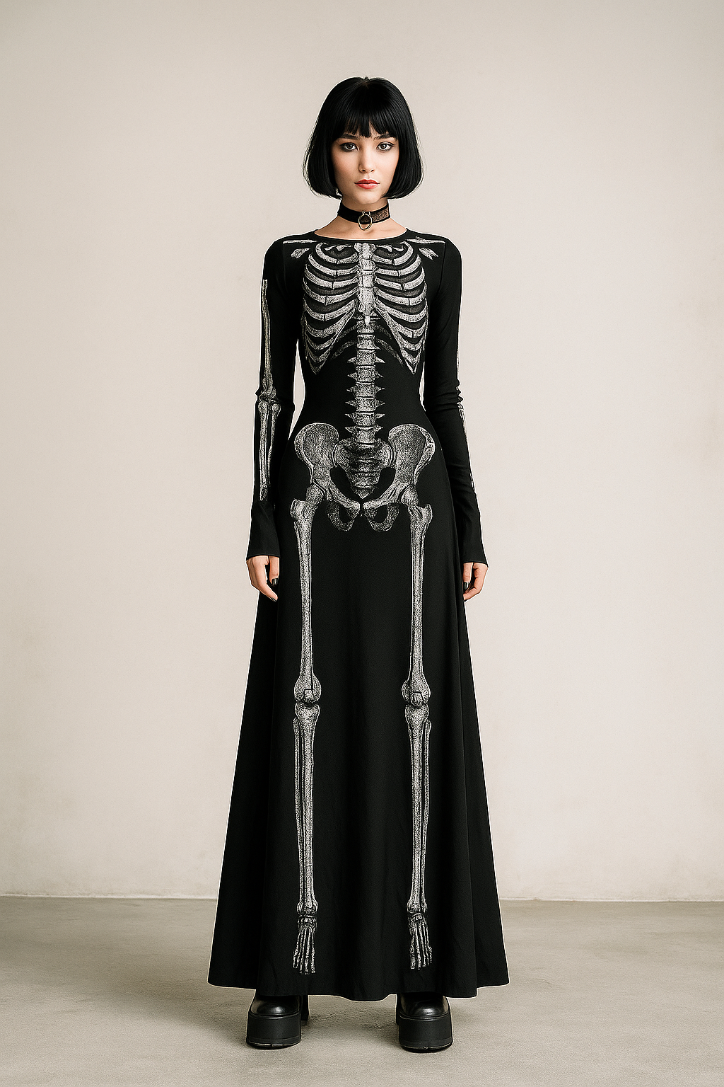 Skeleton Print Gothic Long Dress for Halloween and Alternative Fashion