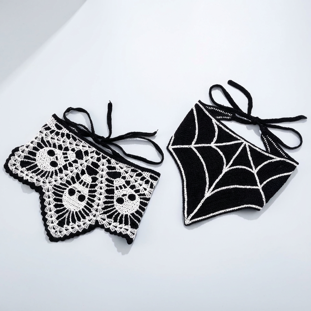 2pcs Gothic Black Skull & Spider Web Crochet Hair Accessories - Black Lace Headbands with Ribbon Bow, Perfect for Halloween & Gothic Fashion, Halloween Hair Decor | Skull Design | Texture