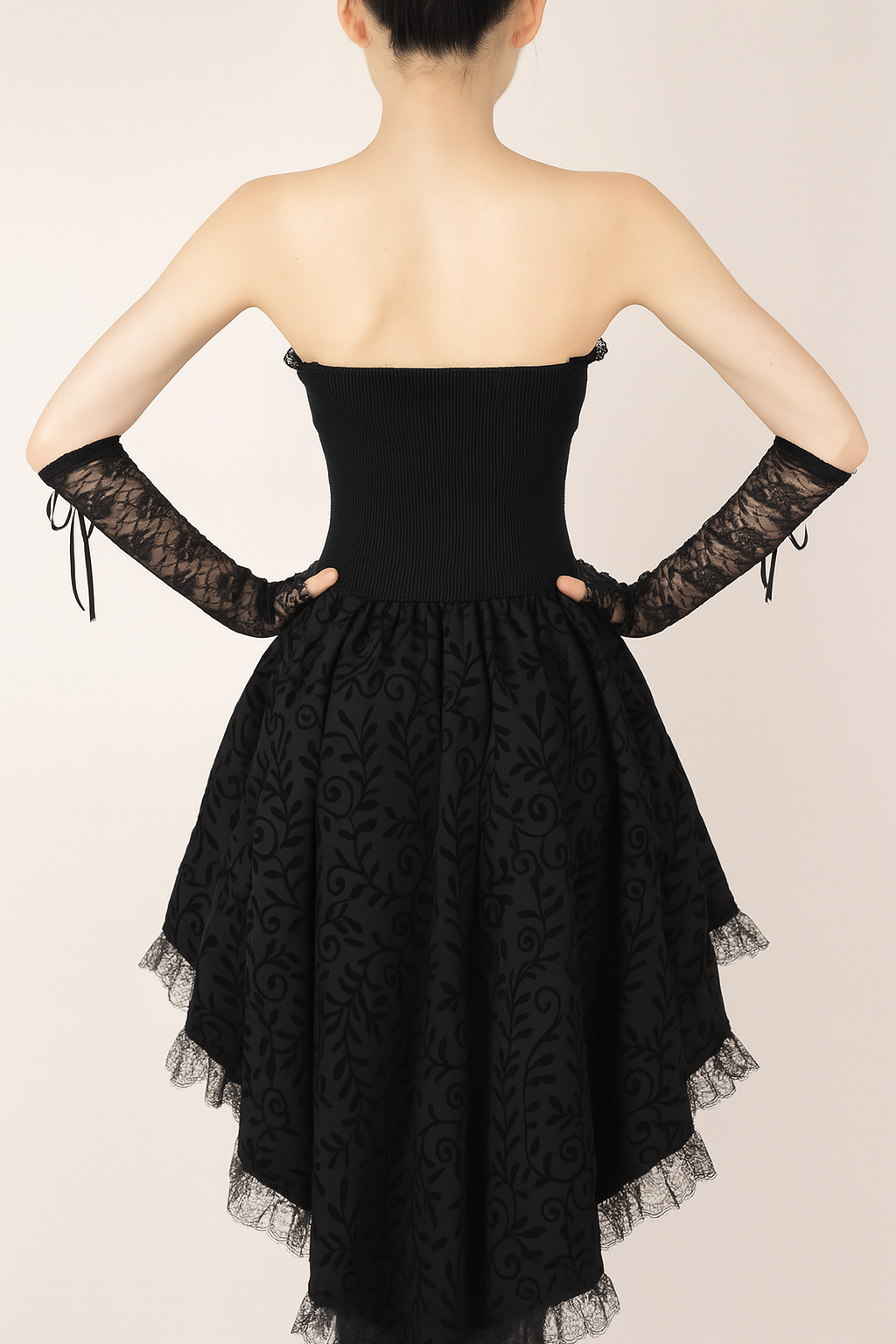 Bow Lace Cinched Strapless Dress With High-Low Hem