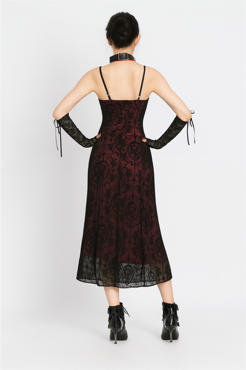 Vintage Gothic High Collar Mermaid Dress with Floral Embossed Design