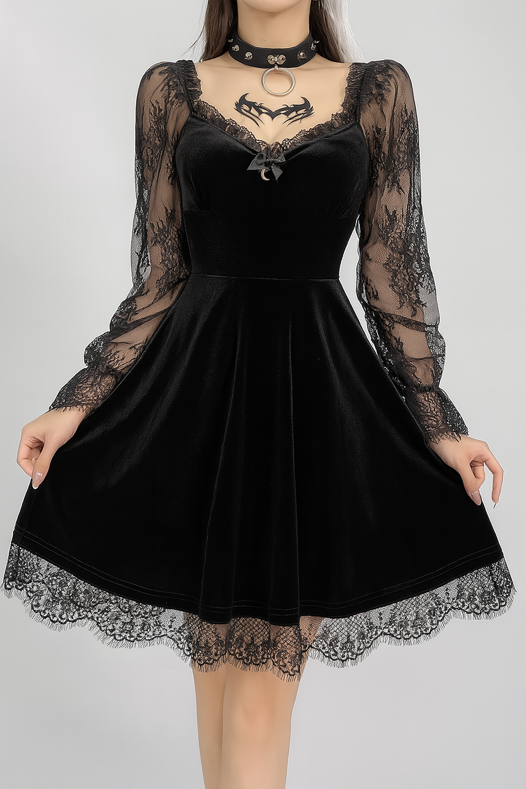 Gothic Ruffled Lace Mini Dress in Black Red and Burgundy