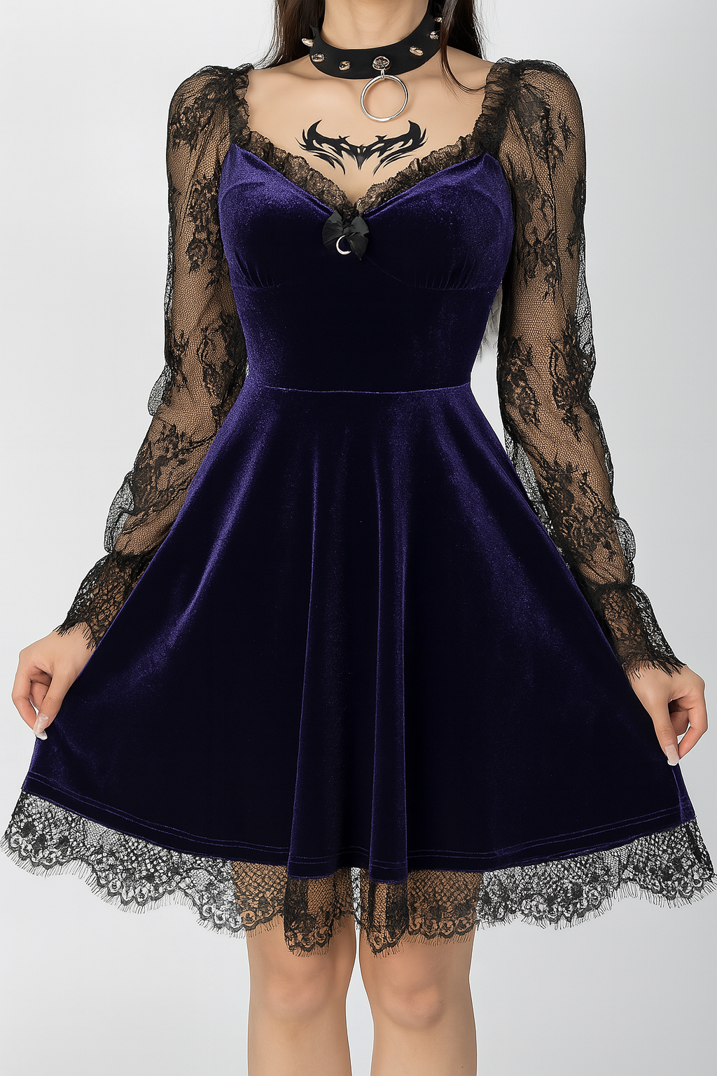 Sensual Lace Gothic A-Line Dress with Ruffled Hem