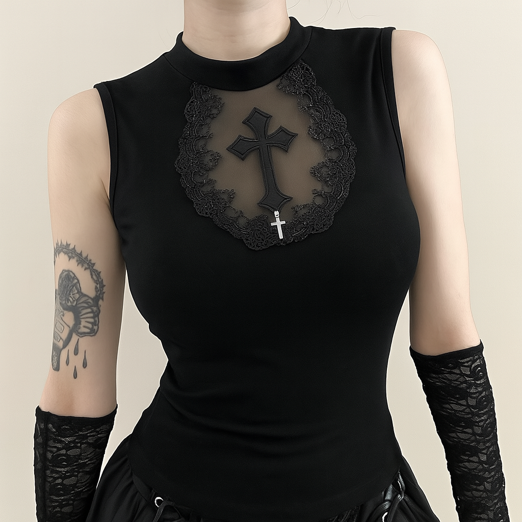 Sheer Cross Mesh Tank Top in Elegant Black