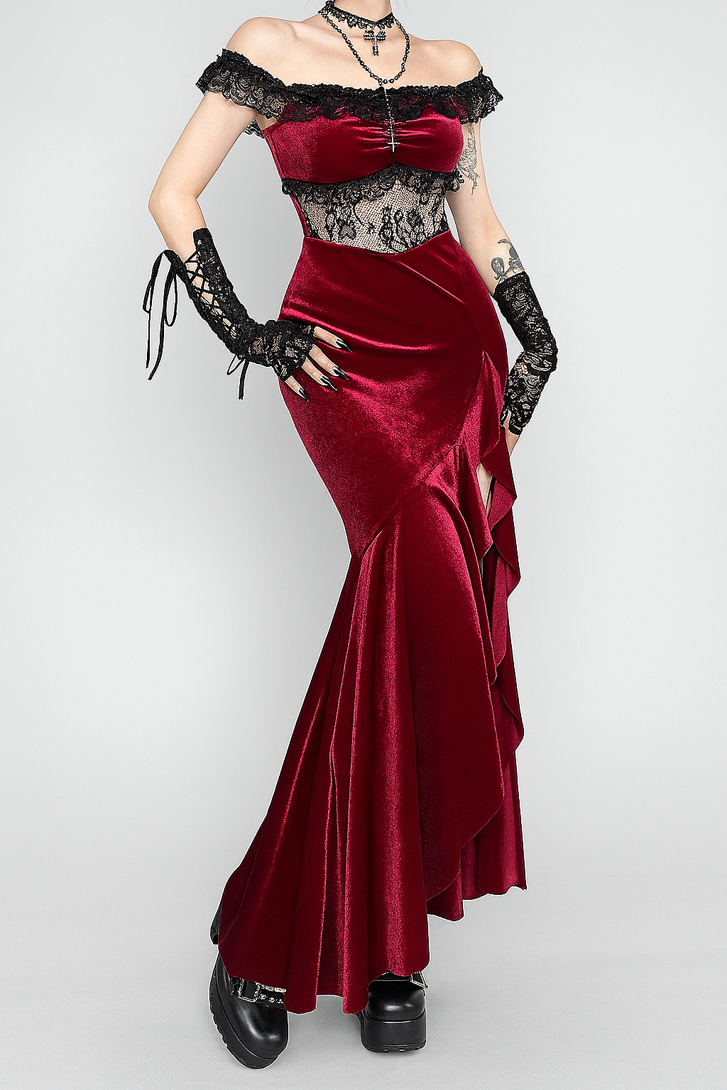 Gothic Velvet Off-Shoulder Dress with Lace Accents