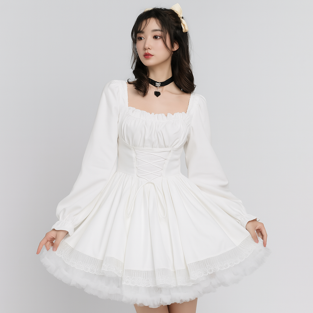 Puff Sleeve Gothic Princess Dress with Lace Trim