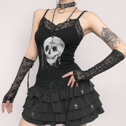 Gothic Skull Lace Crop Top with Skeleton Print